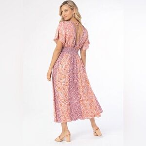 Pink Paisley Maxi Dress Smocked Waist Boho Flutter Sleeve